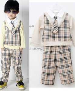 bo0019 ชุดออกงานเด็กผู้ชายเสื้อคอปกแขนยาวลายสก๊อต ติดเนคไท (ถอดออกได้) กางเกงขายาวสีเบจ (2ชิ้น)