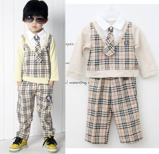 bo0019 ชุดออกงานเด็กผู้ชายเสื้อคอปกแขนยาวลายสก๊อต ติดเนคไท (ถอดออกได้) กางเกงขายาวสีเบจ (2ชิ้น)