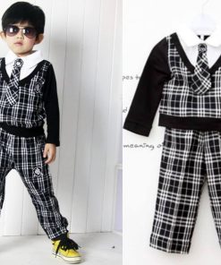 bo0030 ชุดเด็กออกงานเสื้อคอปกแขนยาวลายสก๊อต ติดเนคไท (ถอดออกได้) กางเกงขายาวสีดำ (2ชิ้น)