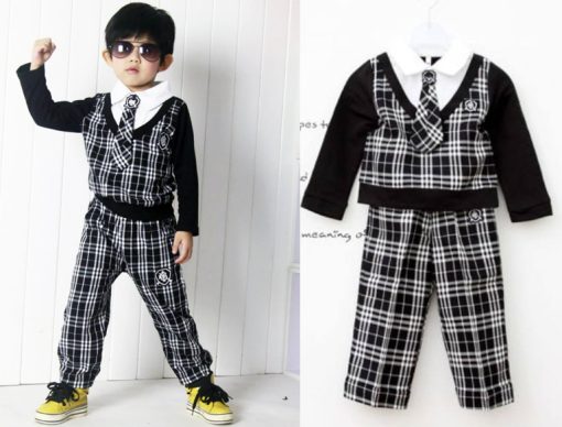 bo0030 ชุดเด็กออกงานเสื้อคอปกแขนยาวลายสก๊อต ติดเนคไท (ถอดออกได้) กางเกงขายาวสีดำ (2ชิ้น)