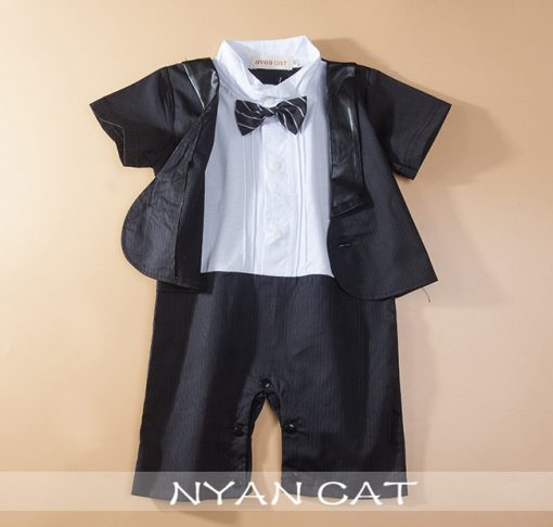 BS0835 ชุดบอดี้สูทเด็กผู้ชาย ออกงาน แขนสั้น แนวสูทปกดำ ติดหูกระต่าย สีดำ