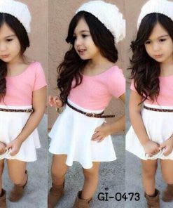 GI0473 เดรสเด็กผู้หญิง แขนสั้น เสื้อสีชมพู กระโปรงสีขาว (ไม่รวมเข็มขัด) S.80/90