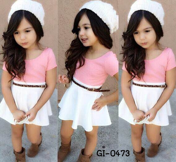 GI0473 เดรสเด็กผู้หญิง แขนสั้น เสื้อสีชมพู กระโปรงสีขาว (ไม่รวมเข็มขัด) S.80/90